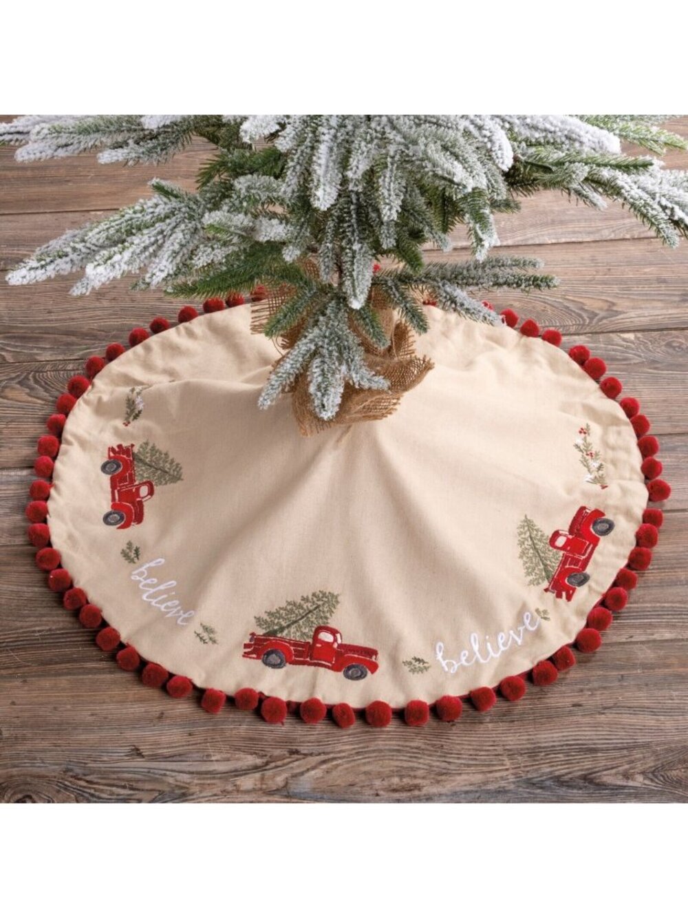 PBKathy Fresh Linen Believe Truck Tree Skirt 24" Diameter Red Pom-Pom Trim